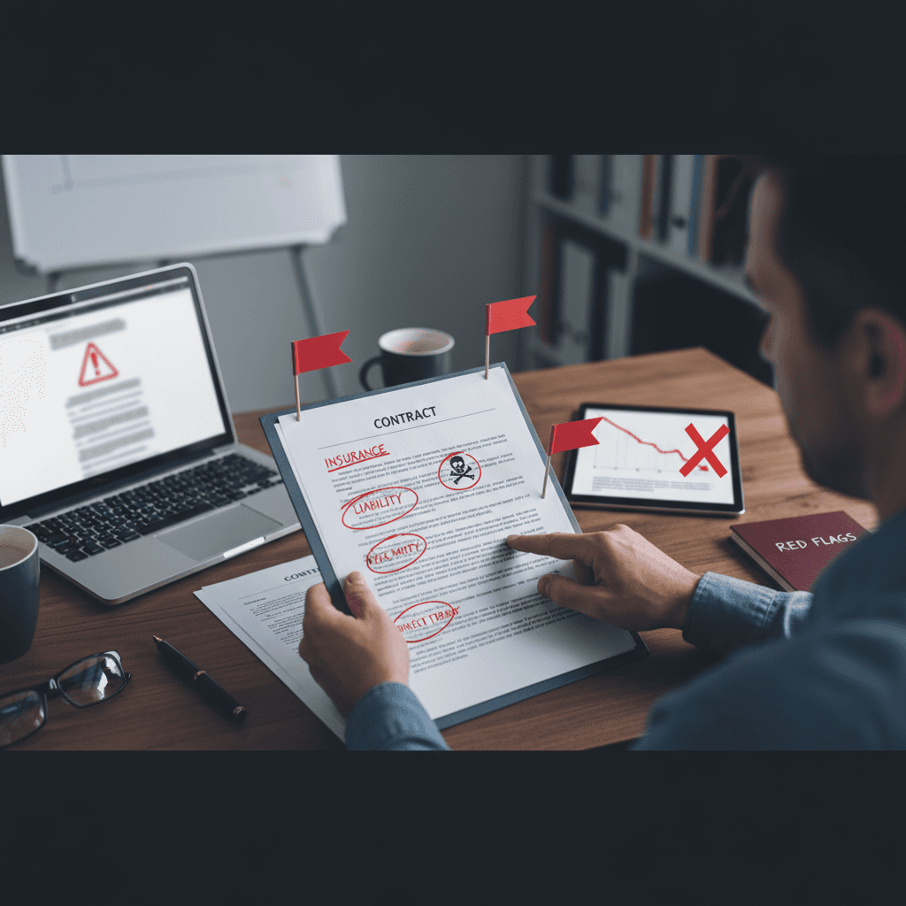 Freelancer reviewing client contract with insurance red flags
