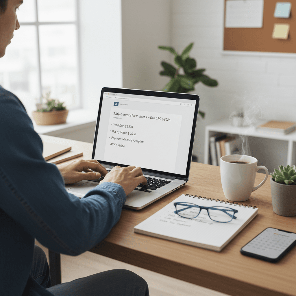 Freelancer typing tax and finance email