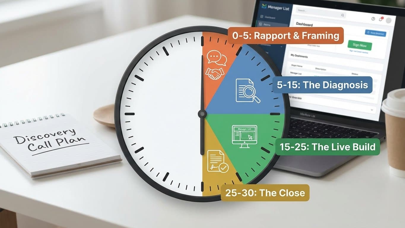 A clock face showing 30 minutes divided into agenda sections