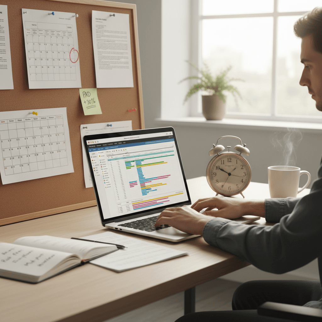 Freelancer working on laptop with pinned calendar and ticking clock