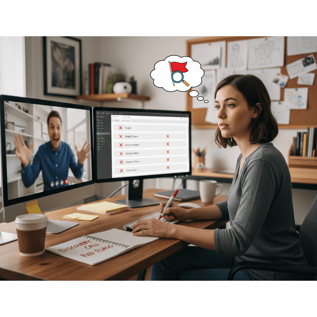 Freelancer on a discovery call spotting client red flags and qualifying a project