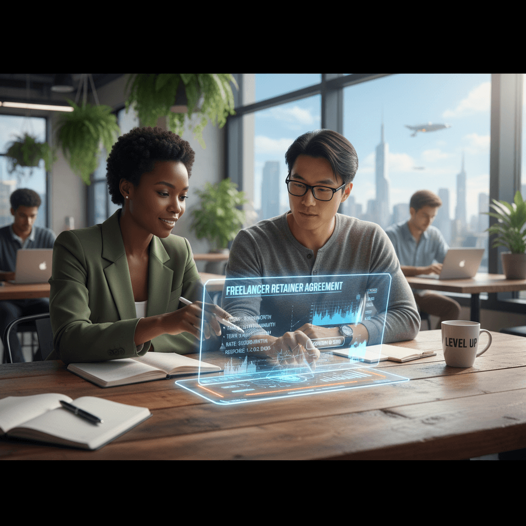 Freelancer reviewing and structuring a retainer agreement with a client