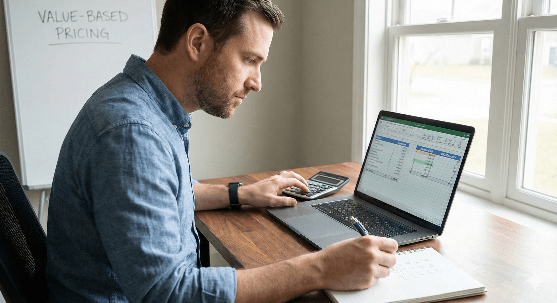 Freelancer calculating pricing strategy for services