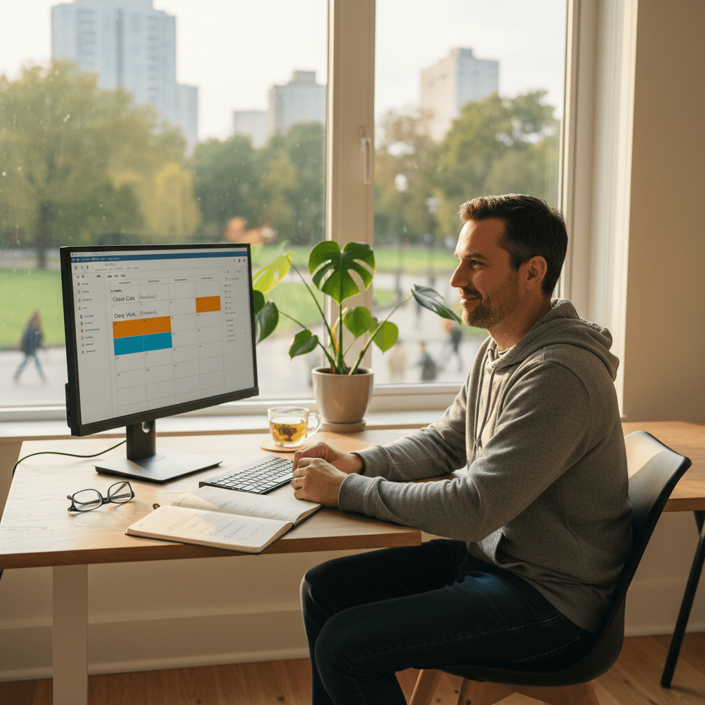 Freelancer recovering from burnout while planning client calls and setting boundaries
