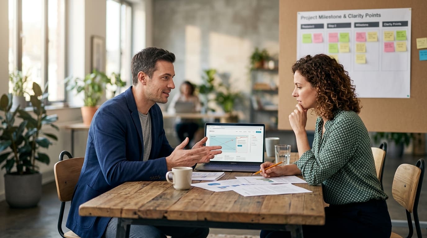 Freelancer discussing project revisions and scope decisions with a client