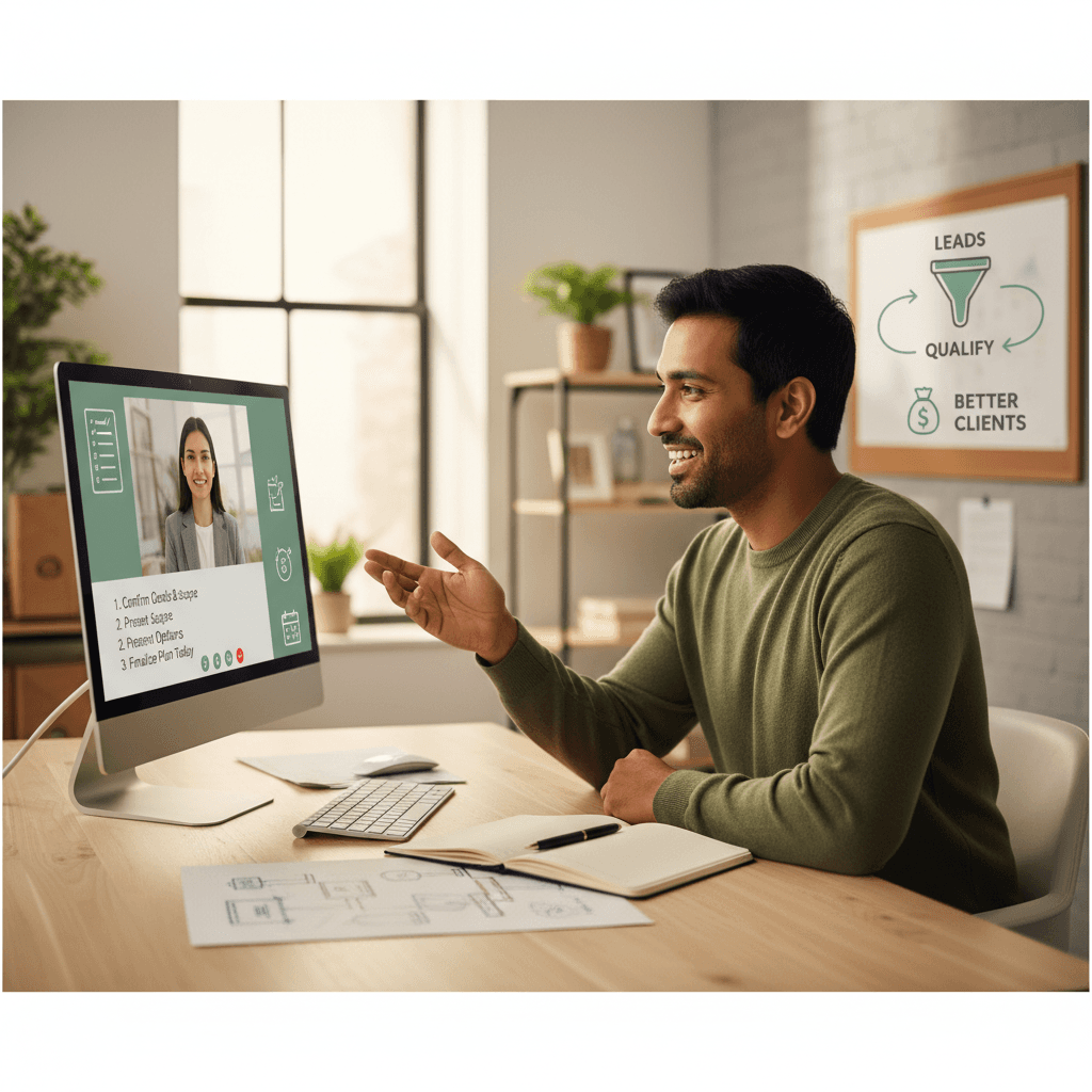 Freelancer on a client call improving qualification and closing to find better clients