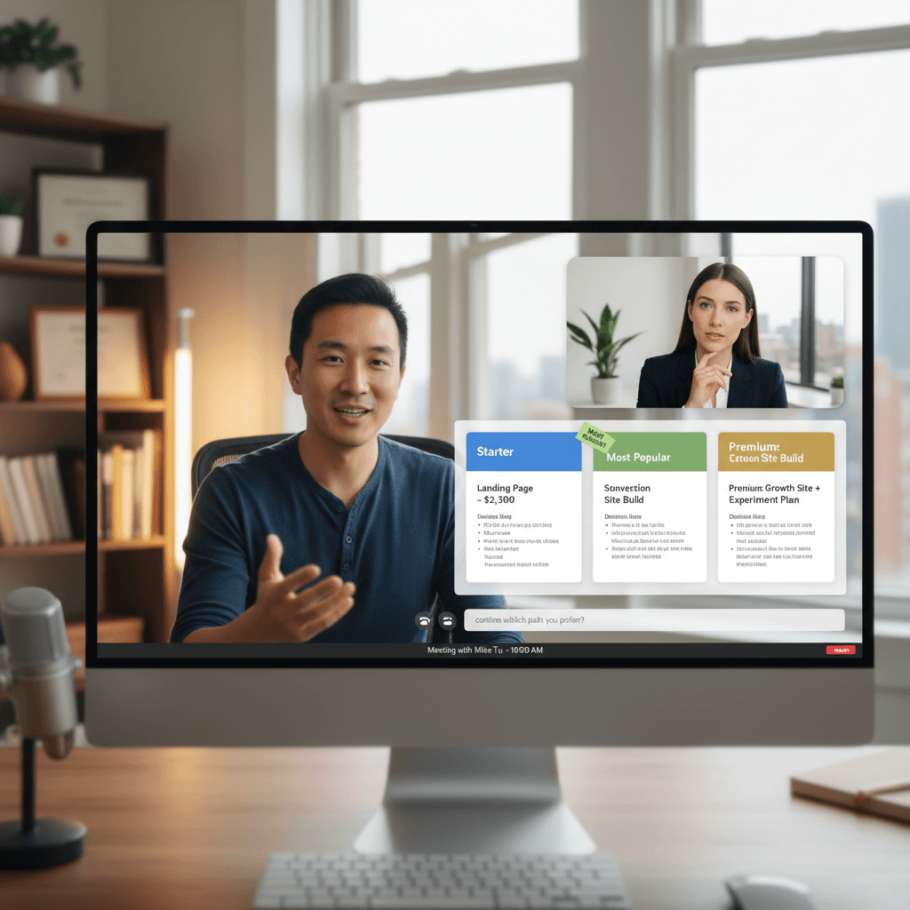 Freelancer discussing a rate increase on a client call with a clear pricing menu