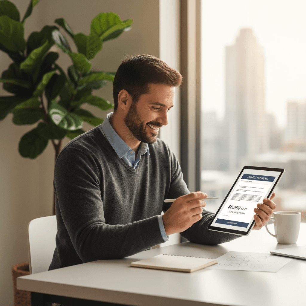 Confident freelancer reviewing higher-rate contract